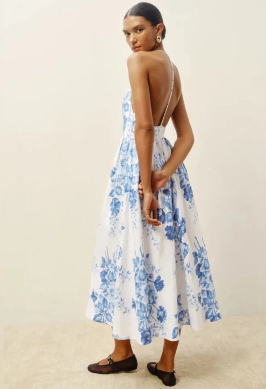 Reformation Percy Linen Dress 6P Petite 100% Linen Verna Blue Floral Halter